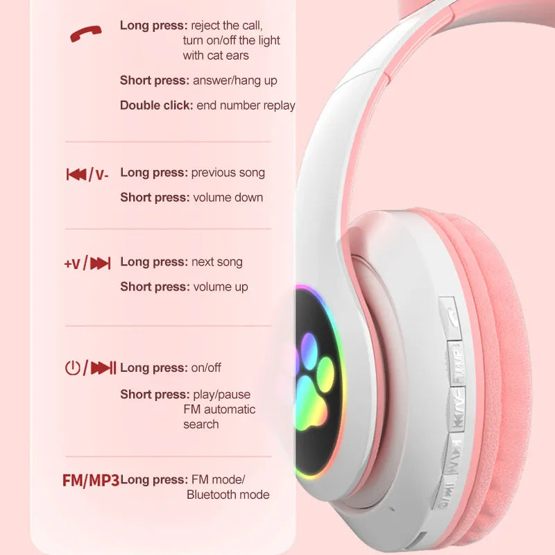 Cat Ears Headphone Bluetooth 5.0 with Mic