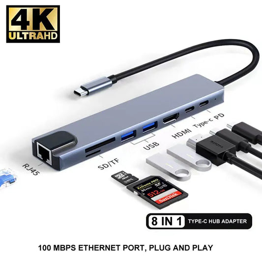 4K HDMI Hub Adapter with SD TF RJ45 Card Reader