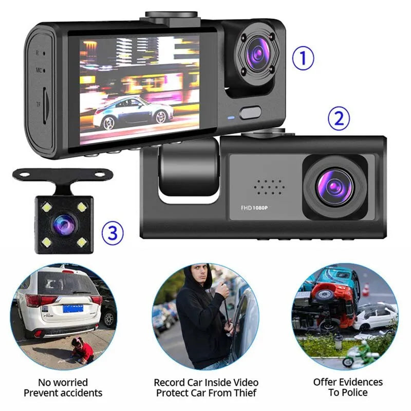 Dash Cam W/ IR Night Vision 1080P 3 Camera